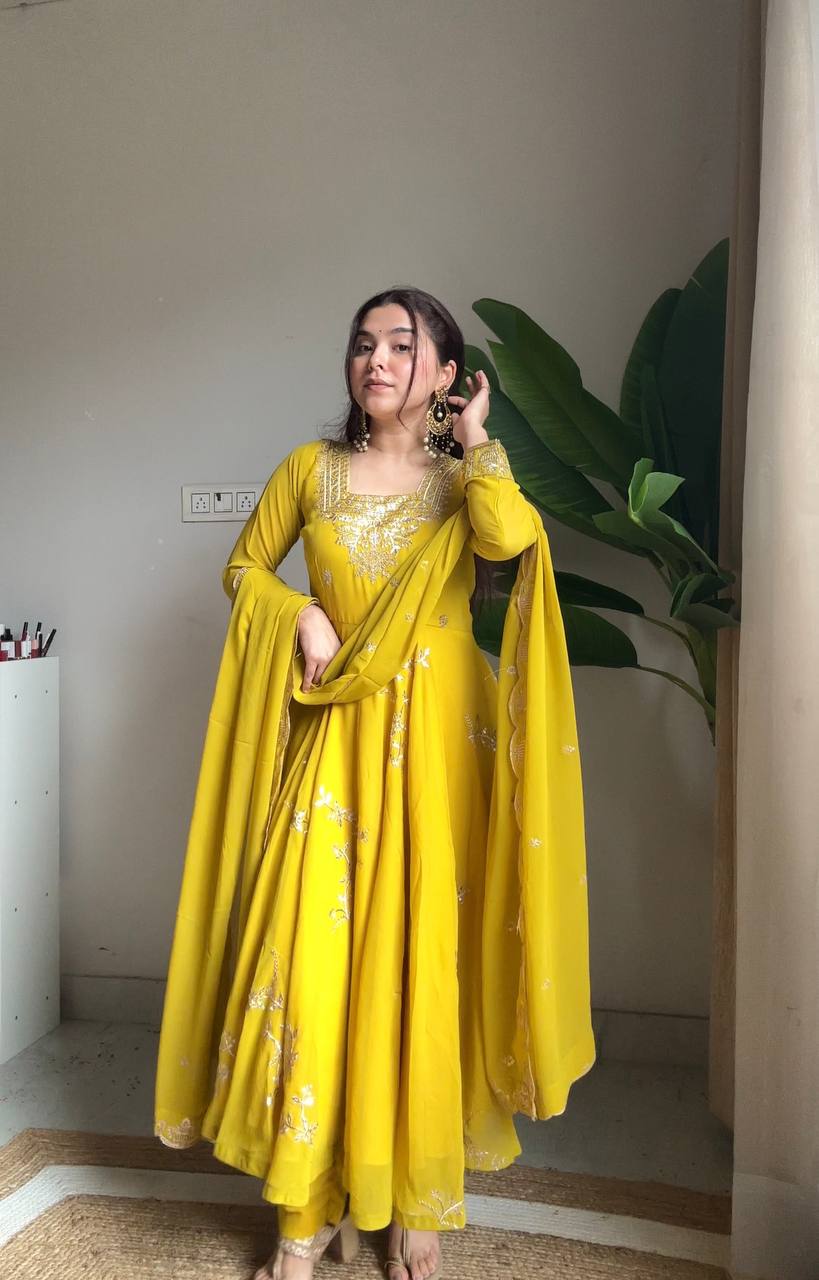 Jivika Mustard Yellow Embroidered Anarkali Set with Dupatta