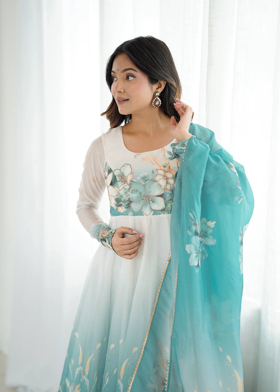 Prachi Aqua Blue & White Floral Print Anarkali Gown
