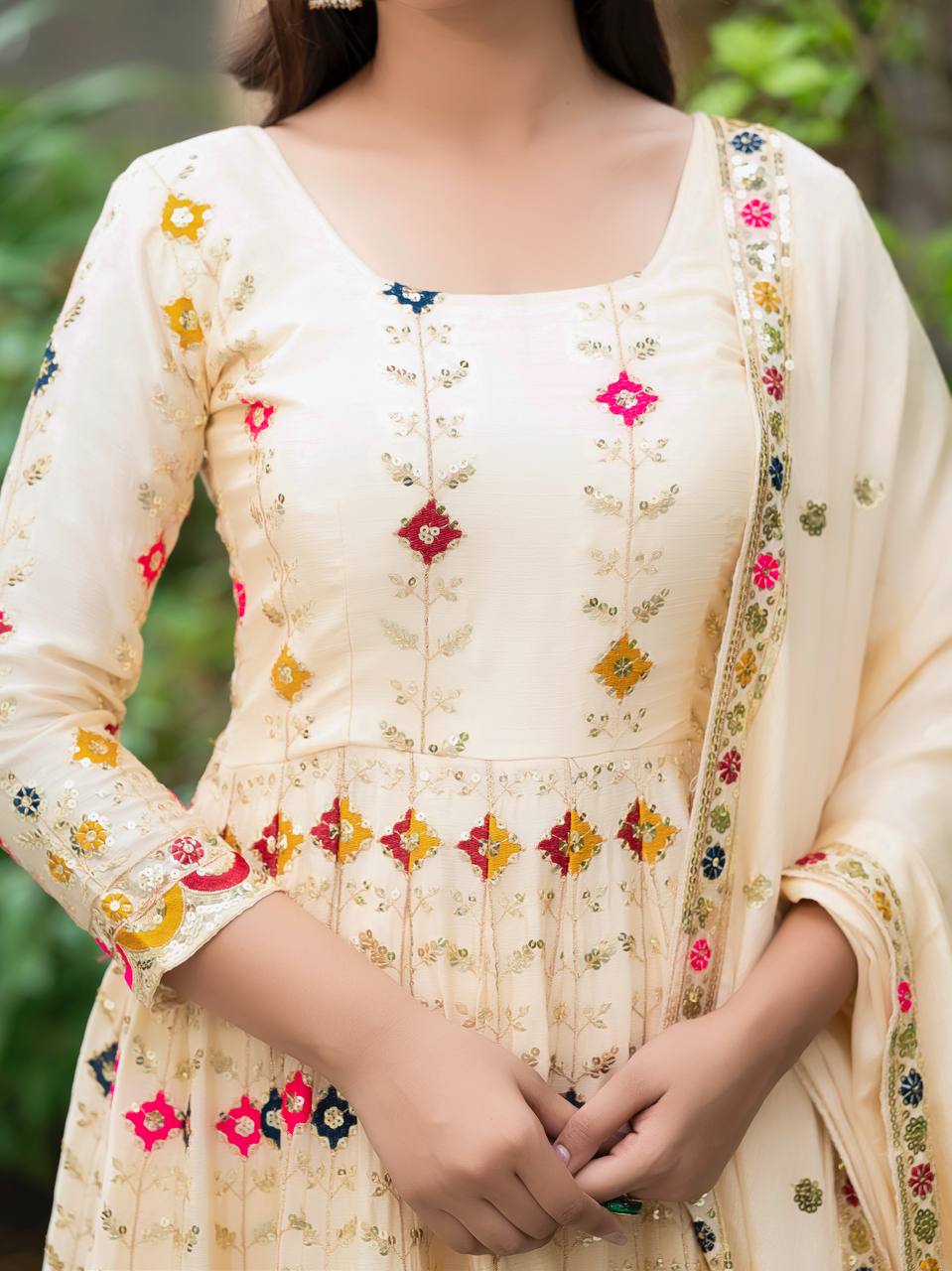 Yashvi Glow Cream Embroidered Anarkali Suit