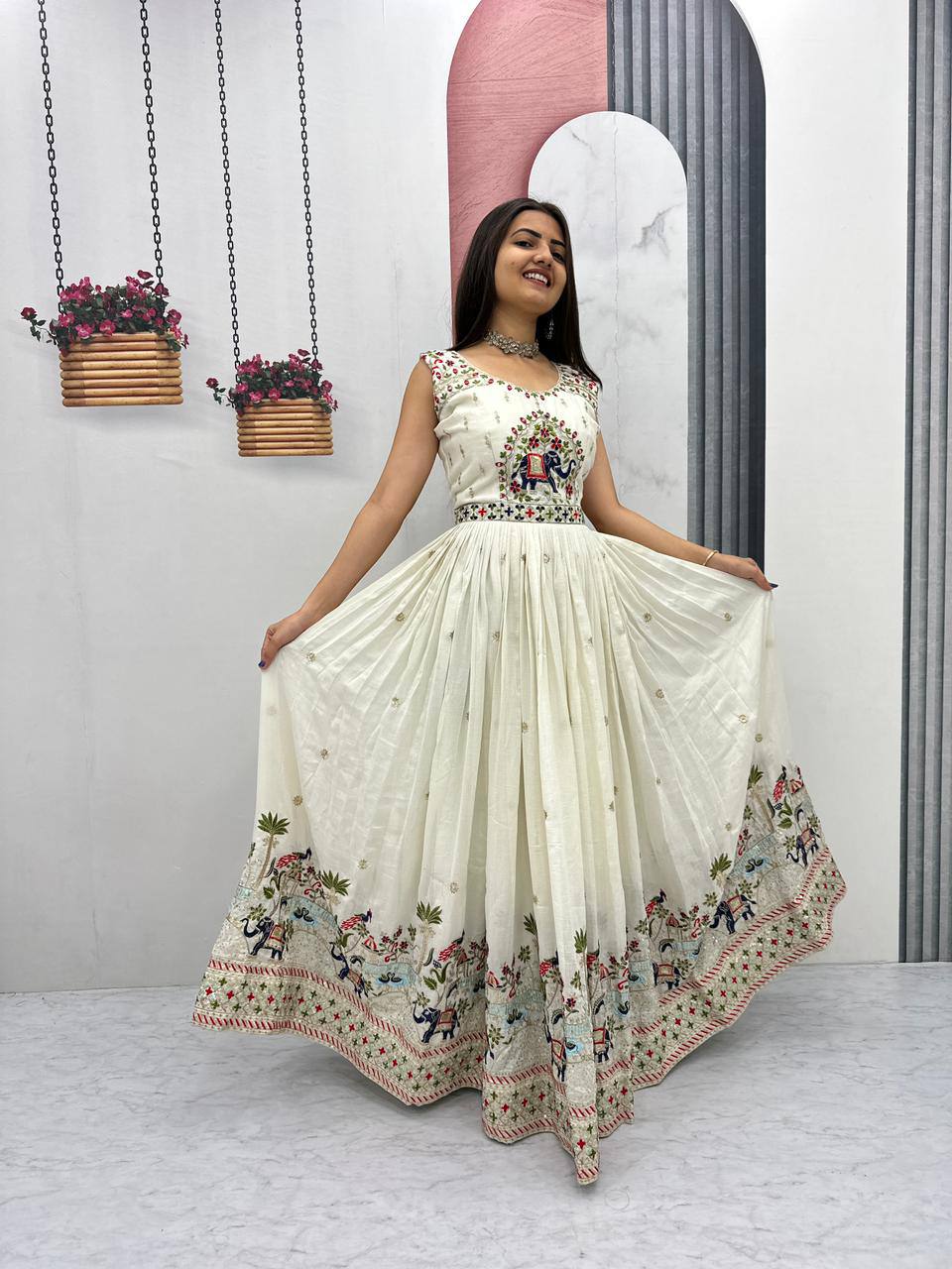 Royal Ivory Charm Handcrafted Elephant Embroidered Anarkali Gown