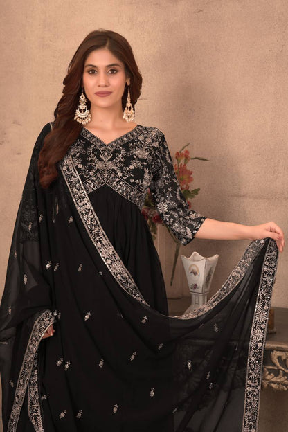 Black Color Faux Georgette Embroidery Gown