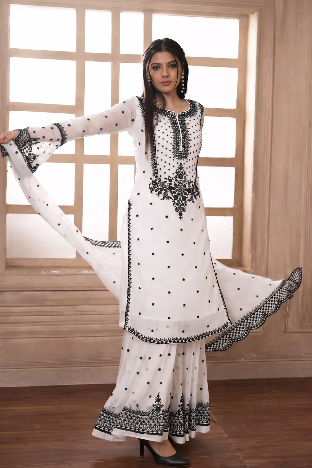 Myra Classic White & Black Heritage Sharara Set