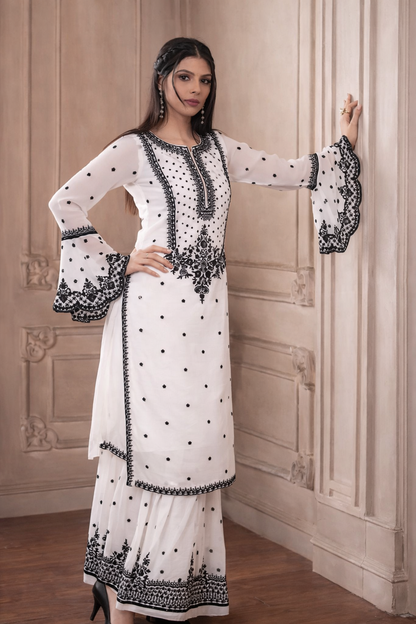 Myra Classic White & Black Heritage Sharara Set