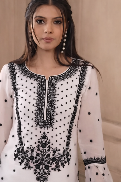 Myra Classic White & Black Heritage Sharara Set