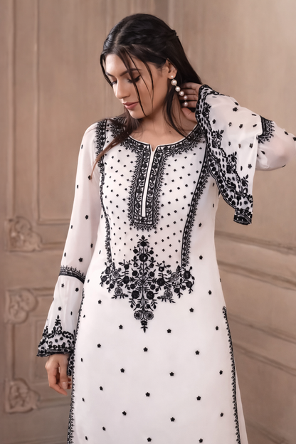 Myra Classic White & Black Heritage Sharara Set