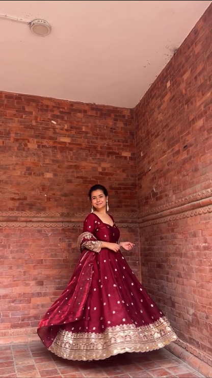 Ruhani Maroon Zari Dori Anarkali Gown Set