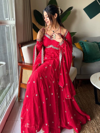 Red Chilli Slit Premium Anarkali Suit Set