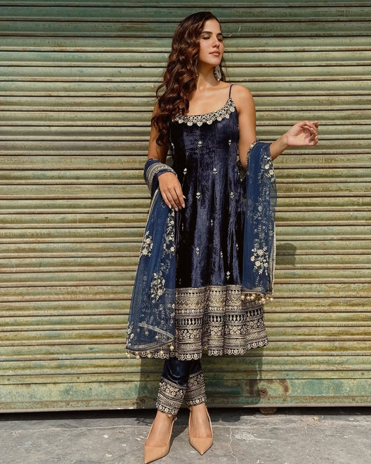 Opulent Blue Ensemble Anarkali With Dori Latkan