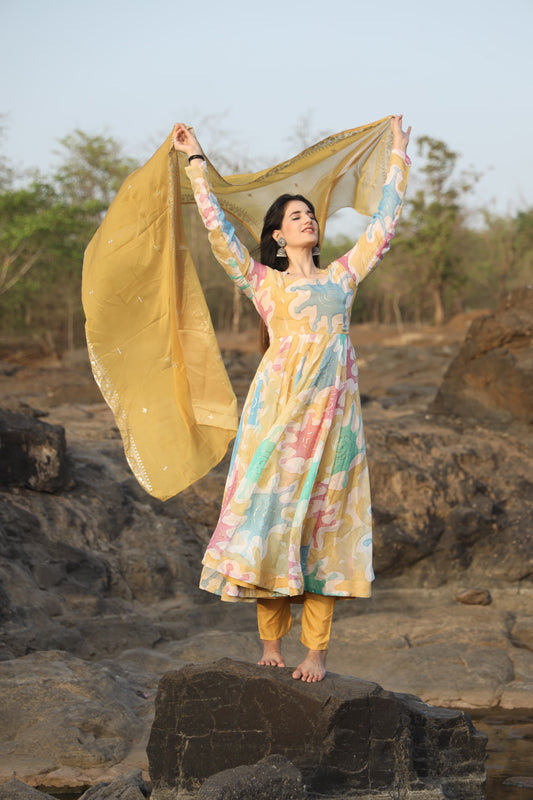 Nancy Multi Coloured  Hand Print Anarkali Suit Set