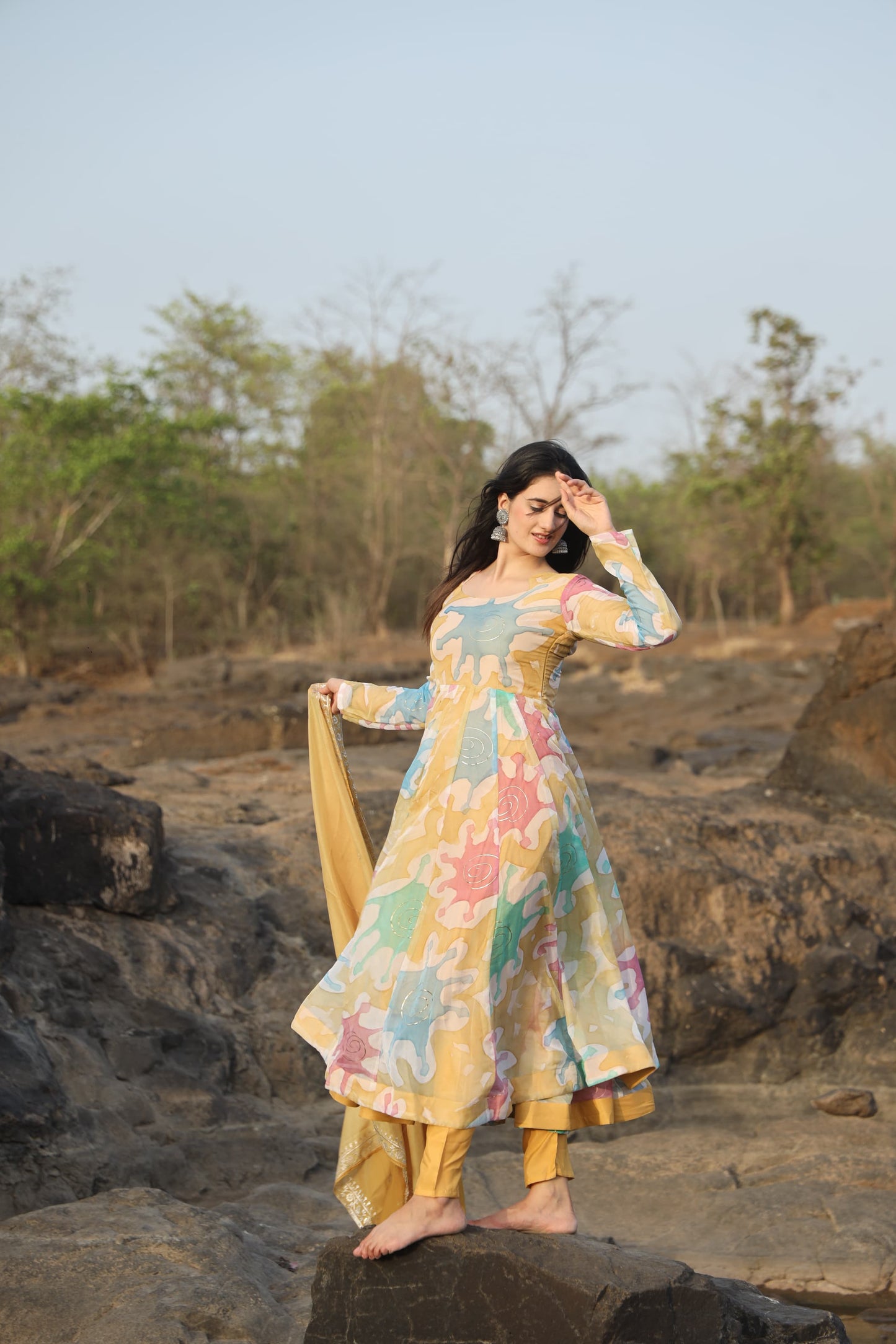 Nancy Multi Coloured  Hand Print Anarkali Suit Set