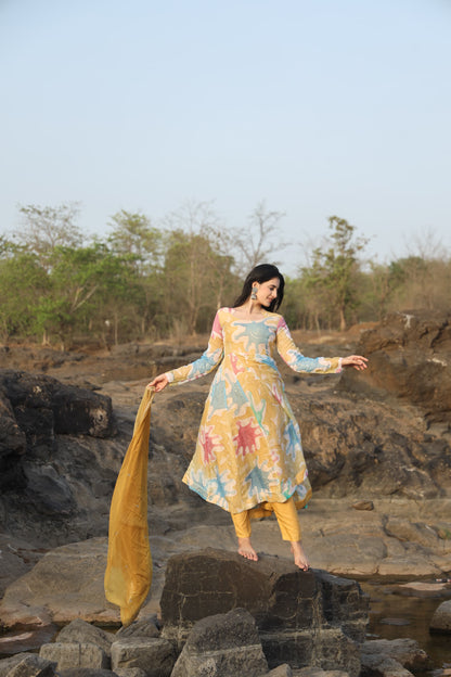 Nancy Multi Coloured  Hand Print Anarkali Suit Set