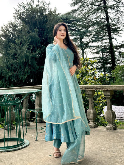 Parthi Sky Blue Anarkali Suit with Net Dupatta