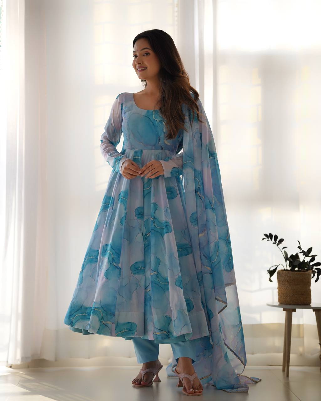 Ocean Mist Marble Print Serenity Anarkali Suit