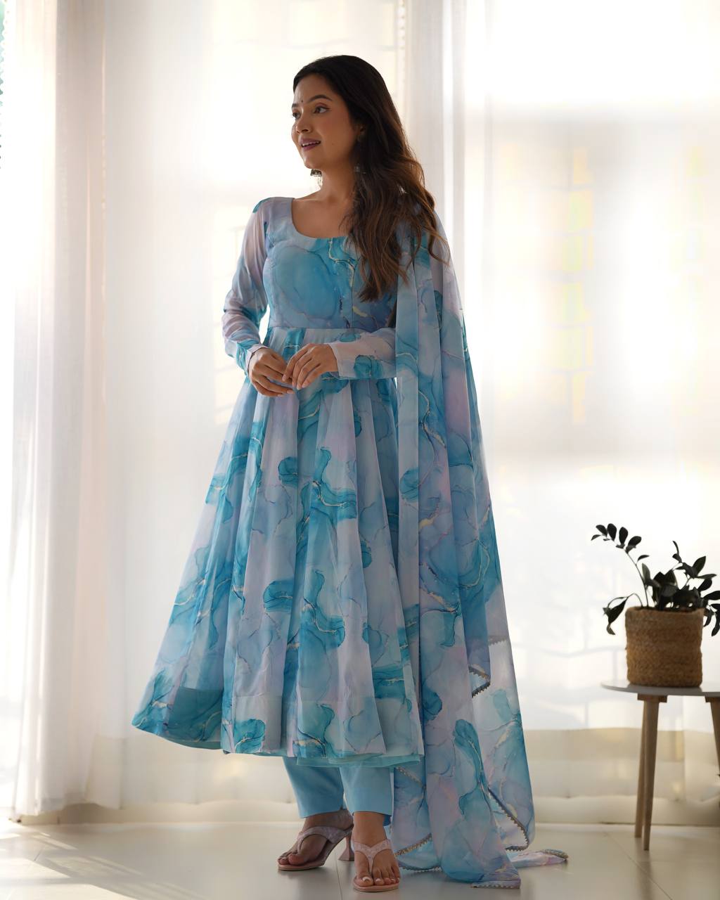 Ocean Mist Marble Print Serenity Anarkali Suit
