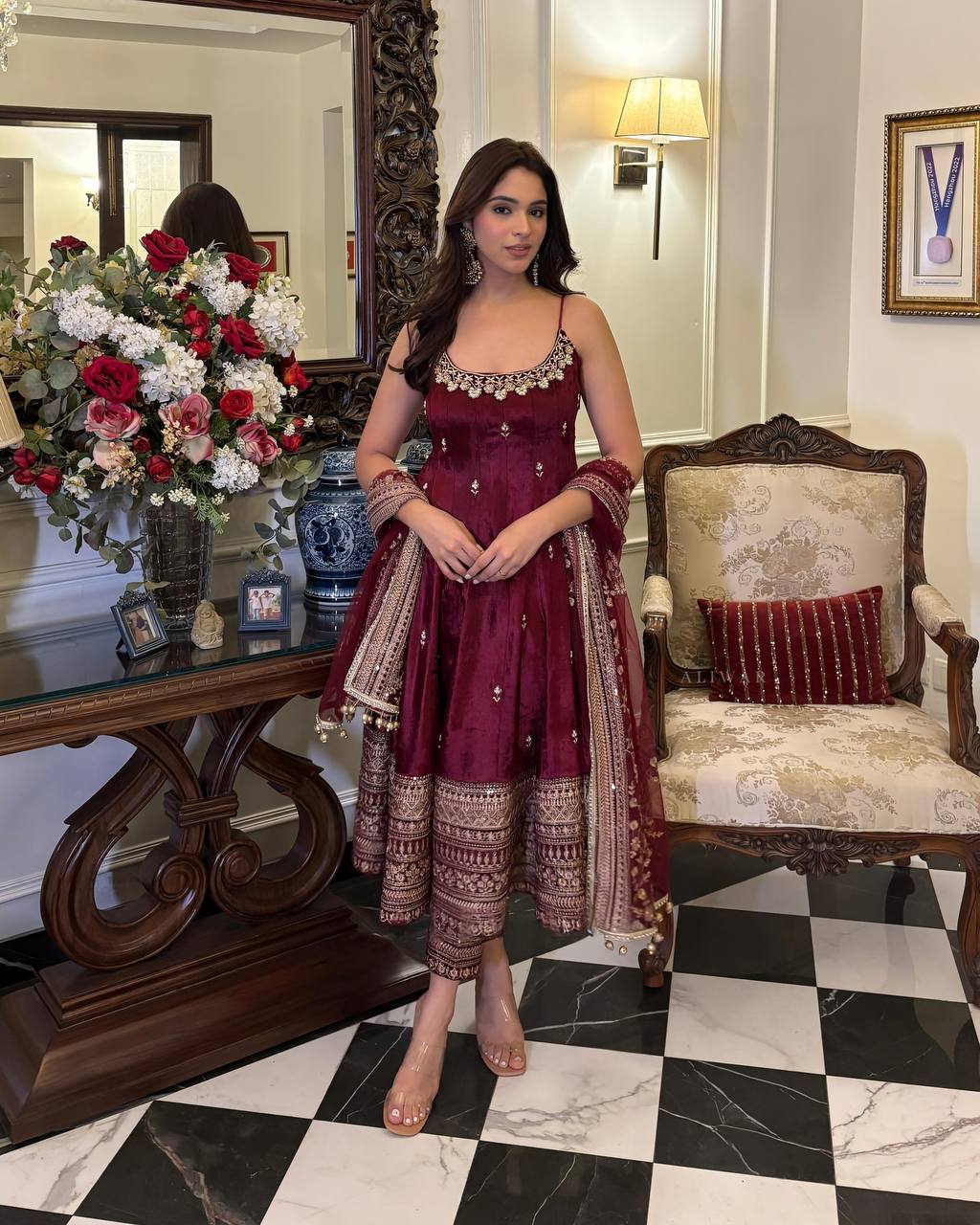 Opulent Maroon Ensemble Anarkali With Dori Latkan