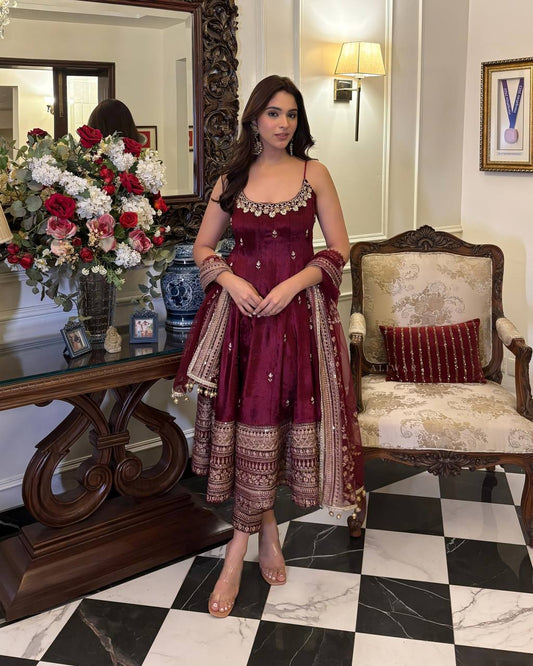 Opulent Maroon Ensemble Anarkali With Dori Latkan
