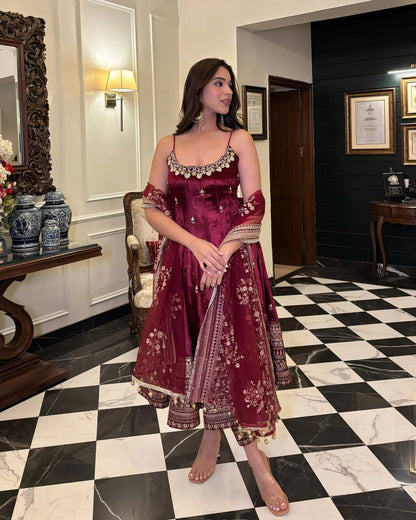Opulent Maroon Ensemble Anarkali With Dori Latkan