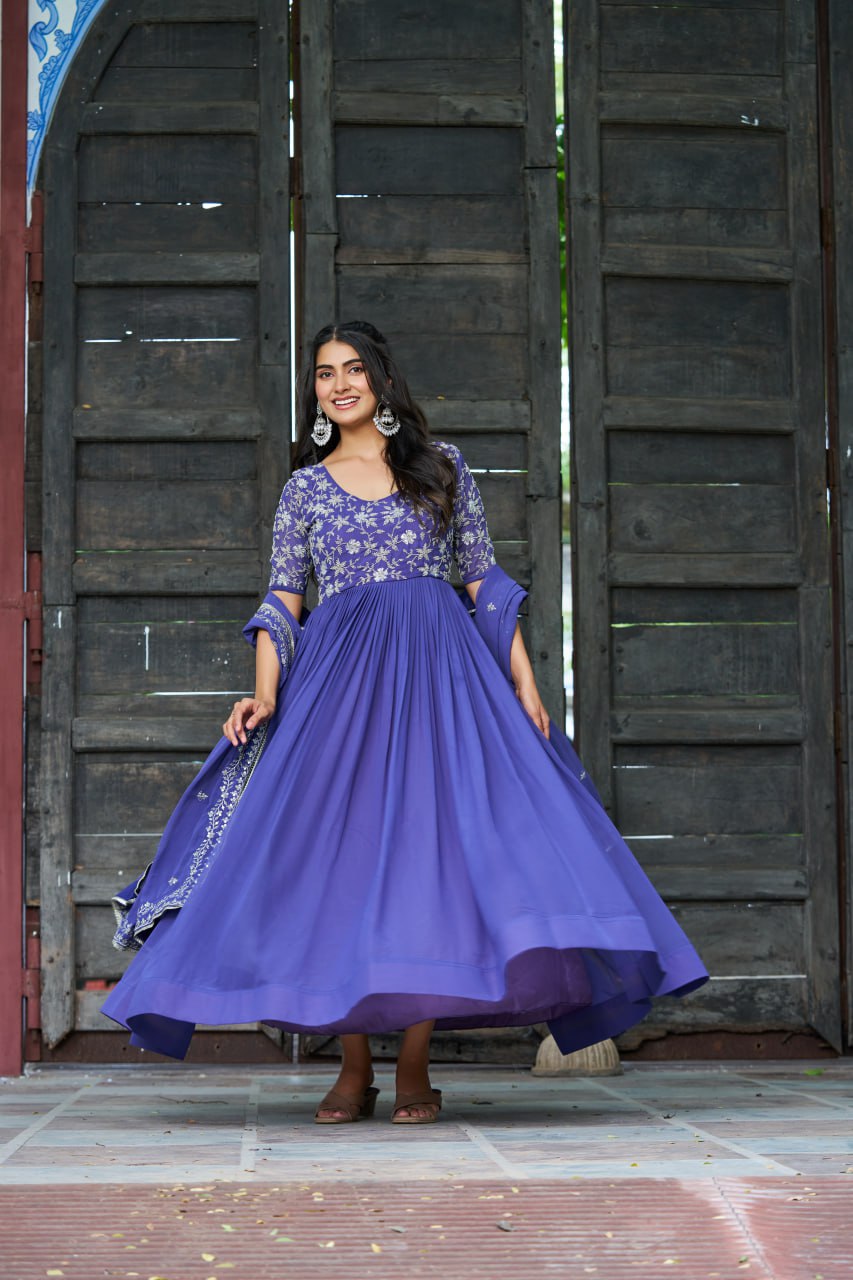 Royal Blue Embroidered Partywear Gown