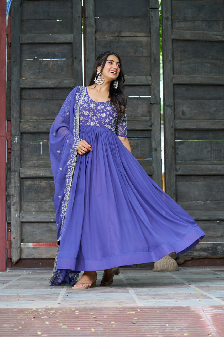Royal Blue Embroidered Partywear Gown