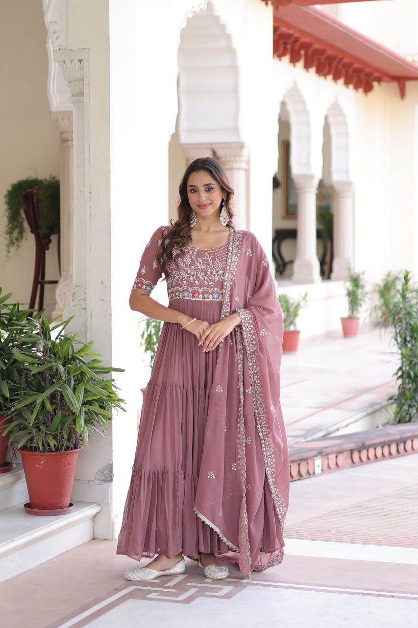 Olivia Grace Pastel Embroidered Tiered Anarkali Gown with Dupatta