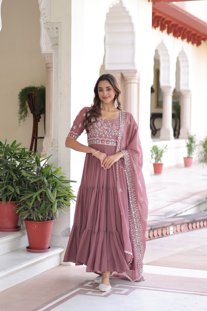 Olivia Grace Pastel Embroidered Tiered Anarkali Gown with Dupatta