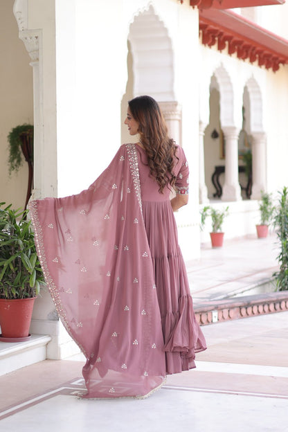 Olivia Grace Pastel Embroidered Tiered Anarkali Gown with Dupatta