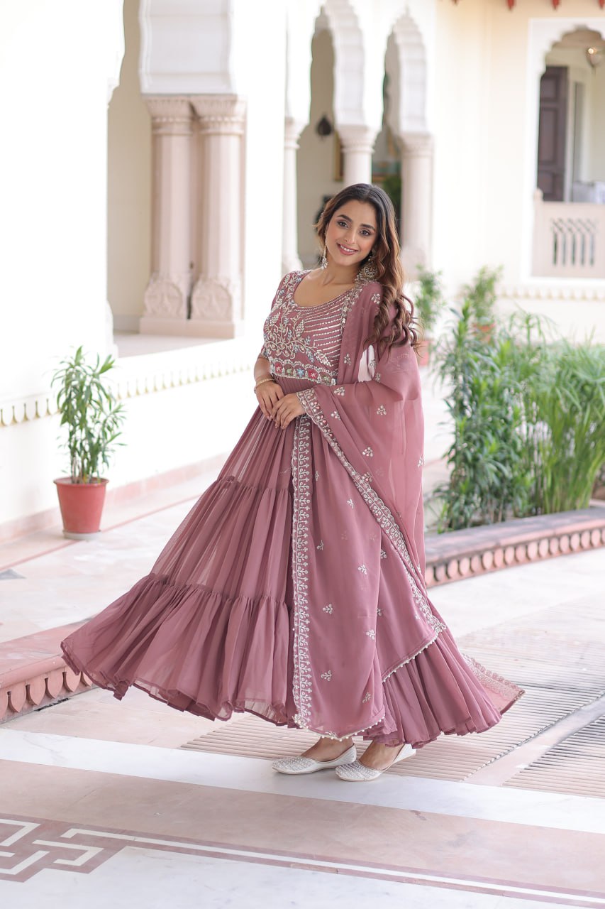 Olivia Grace Pastel Embroidered Tiered Anarkali Gown with Dupatta