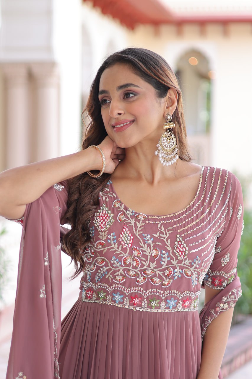 Olivia Grace Pastel Embroidered Tiered Anarkali Gown with Dupatta