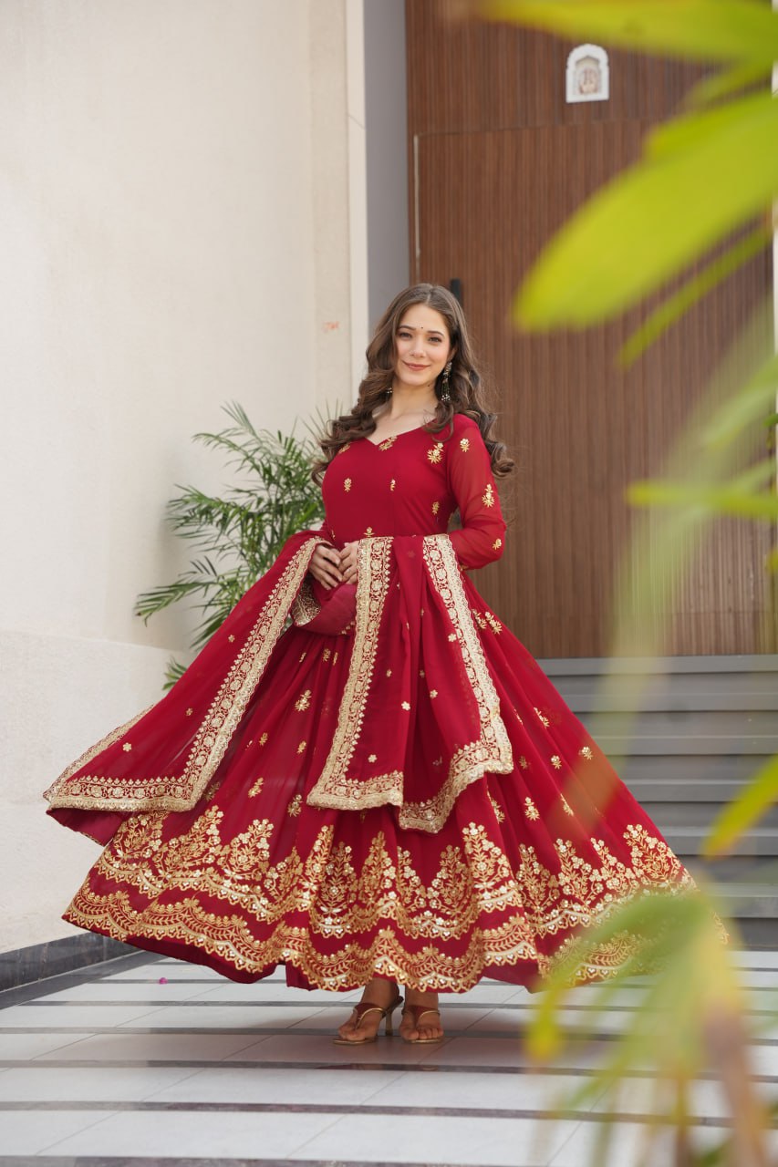 Royal Grandeur Deep Wine & Maroon Embroidered Anarkali Suit