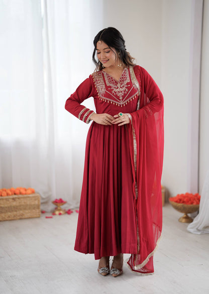 Maroon Majesty Handcrafted Elegance in Flowing Anarkali Suit