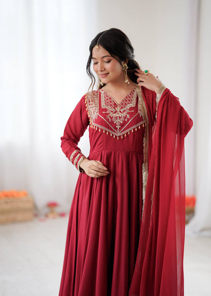 Maroon Majesty Handcrafted Elegance in Flowing Anarkali Suit