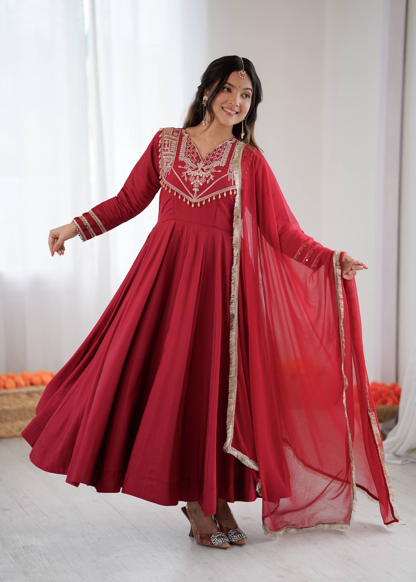 Maroon Majesty Handcrafted Elegance in Flowing Anarkali Suit