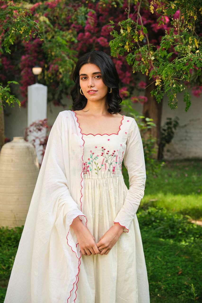 Nitya Khadi Cotton With Thread Work Dupatta Set