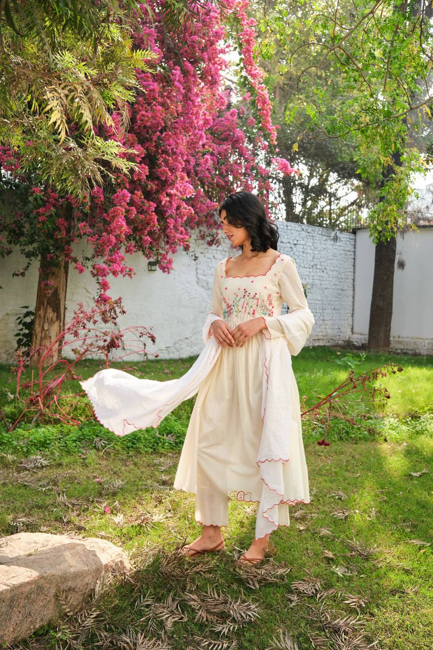 Nitya Khadi Cotton With Thread Work Dupatta Set