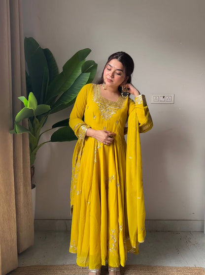 Jivika Mustard Yellow Embroidered Anarkali Set with Dupatta