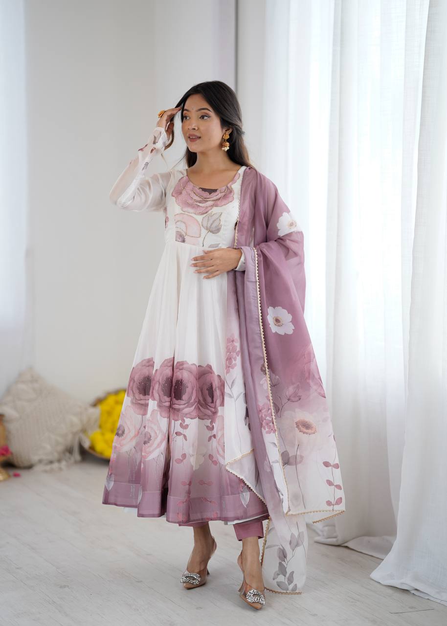 Ruhi Rose Mist Floral Printed Anarkali Gown