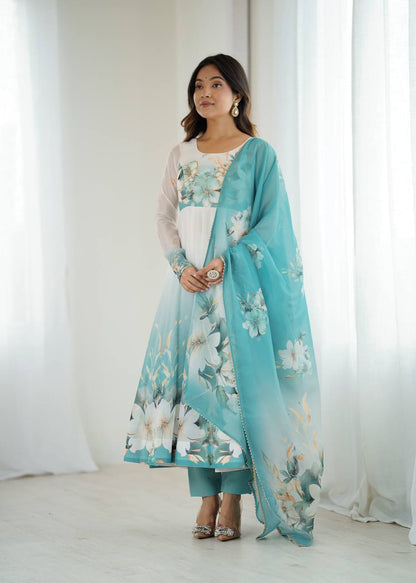 Prachi Aqua Blue & White Floral Print Anarkali Gown