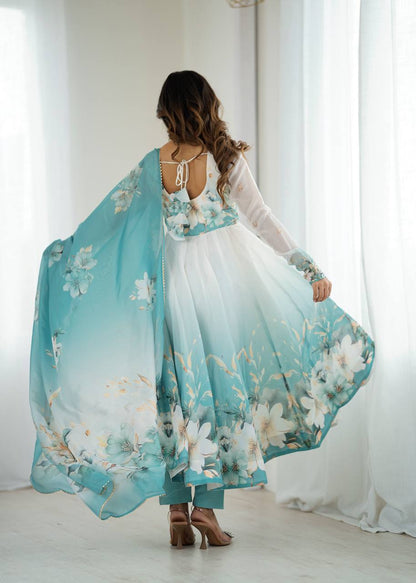 Prachi Aqua Blue & White Floral Print Anarkali Gown