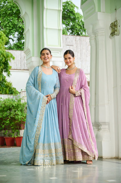 Surbhi Pastel Blue & Lavender Golden Embroidered  Anarkali Gown