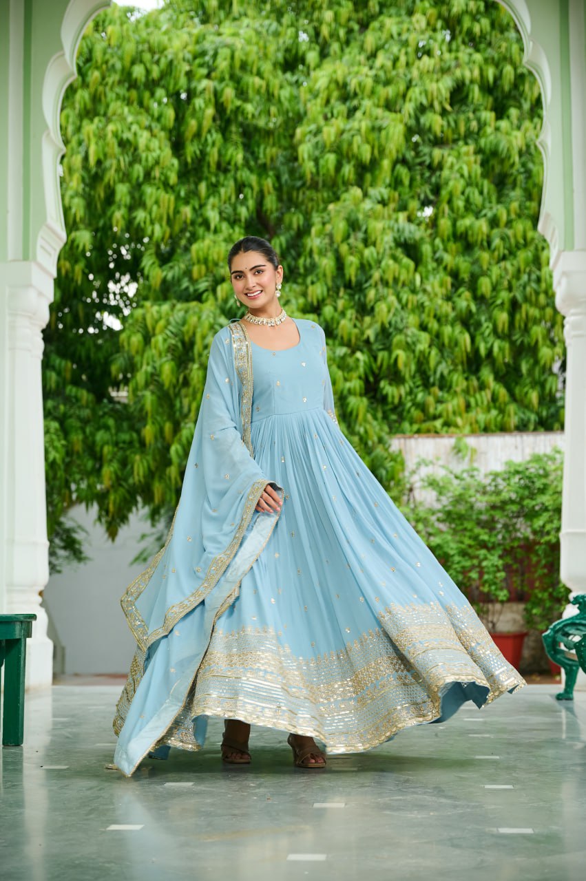 Surbhi Pastel Blue & Lavender Golden Embroidered  Anarkali Gown