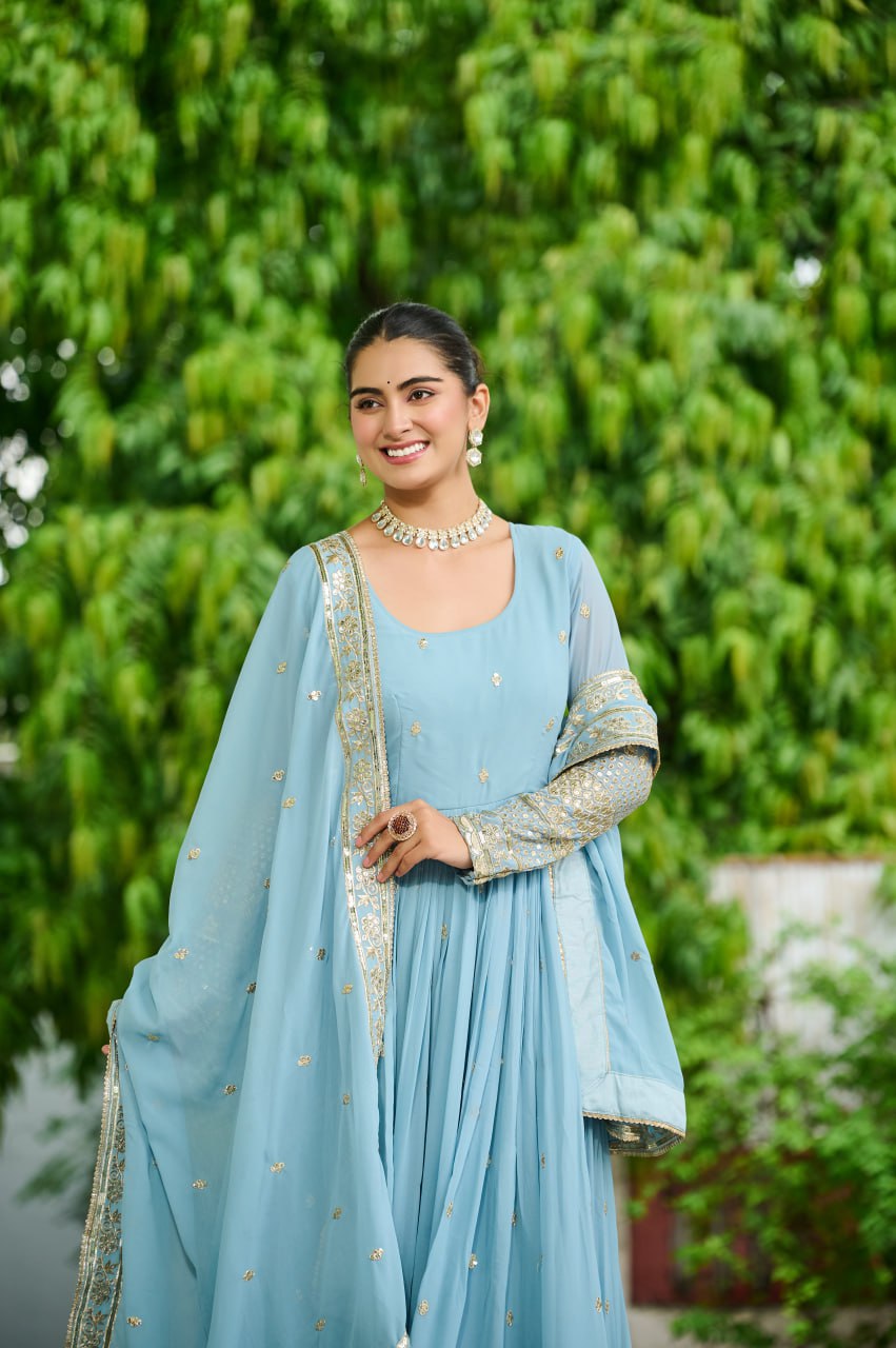 Surbhi Pastel Blue & Lavender Golden Embroidered  Anarkali Gown
