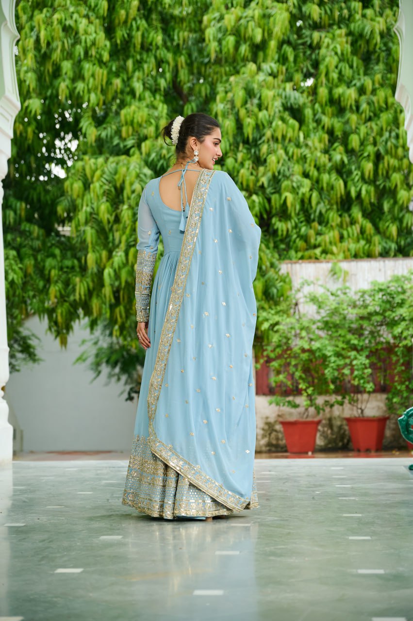Surbhi Pastel Blue & Lavender Golden Embroidered  Anarkali Gown