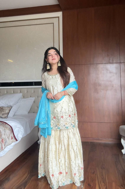 Samaira Hand Embroidered Sharara Suit with Sky Blue Dupatta