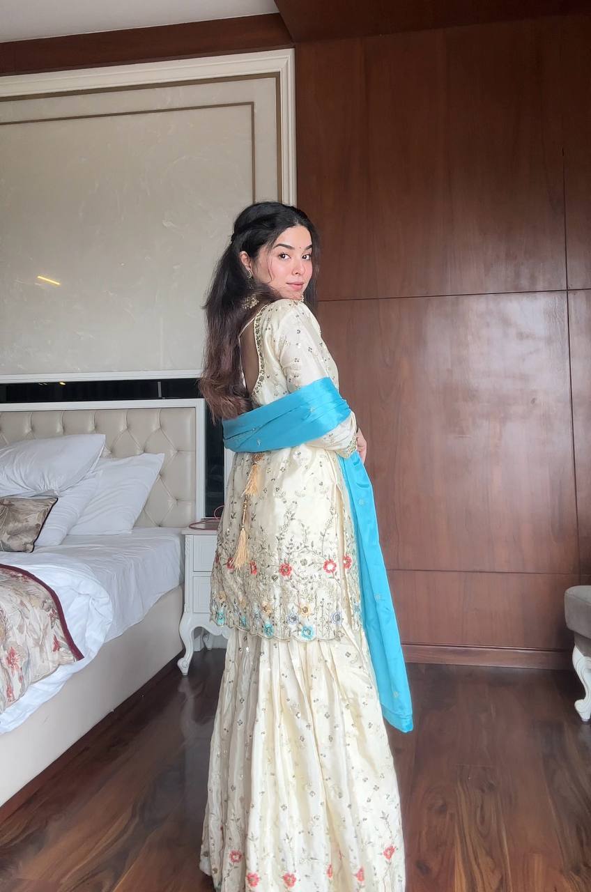 Samaira Hand Embroidered Sharara Suit with Sky Blue Dupatta