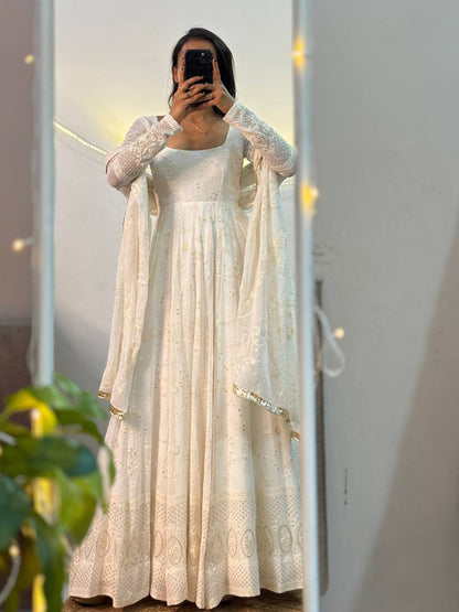 Nivara White Embroidered Anarkali Suit Set