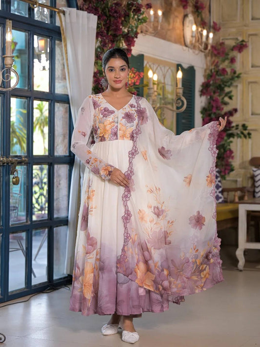 Vanshika Lavender Bloom Elegance Floral Printed Anarkali Gown