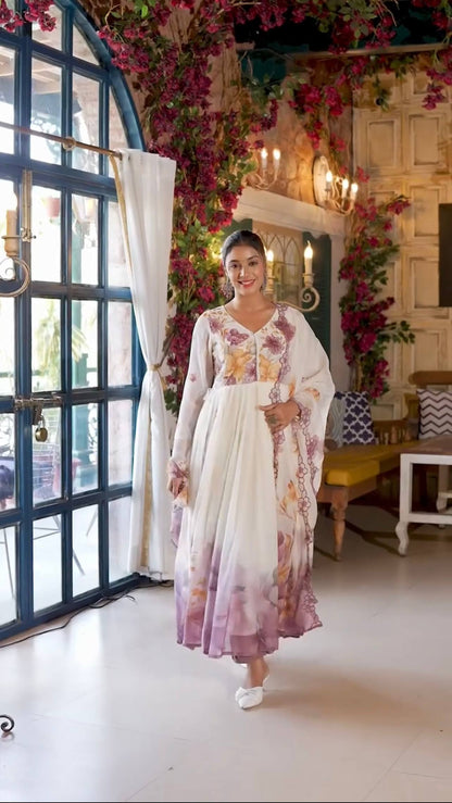 Vanshika Lavender Bloom Elegance Floral Printed Anarkali Gown