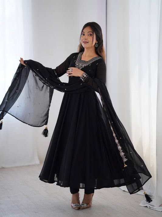 Black Embroidered Georgette Anarkali Set
