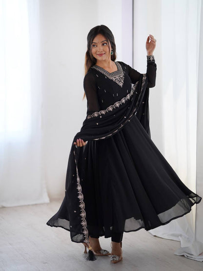 Black Embroidered Georgette Anarkali Set