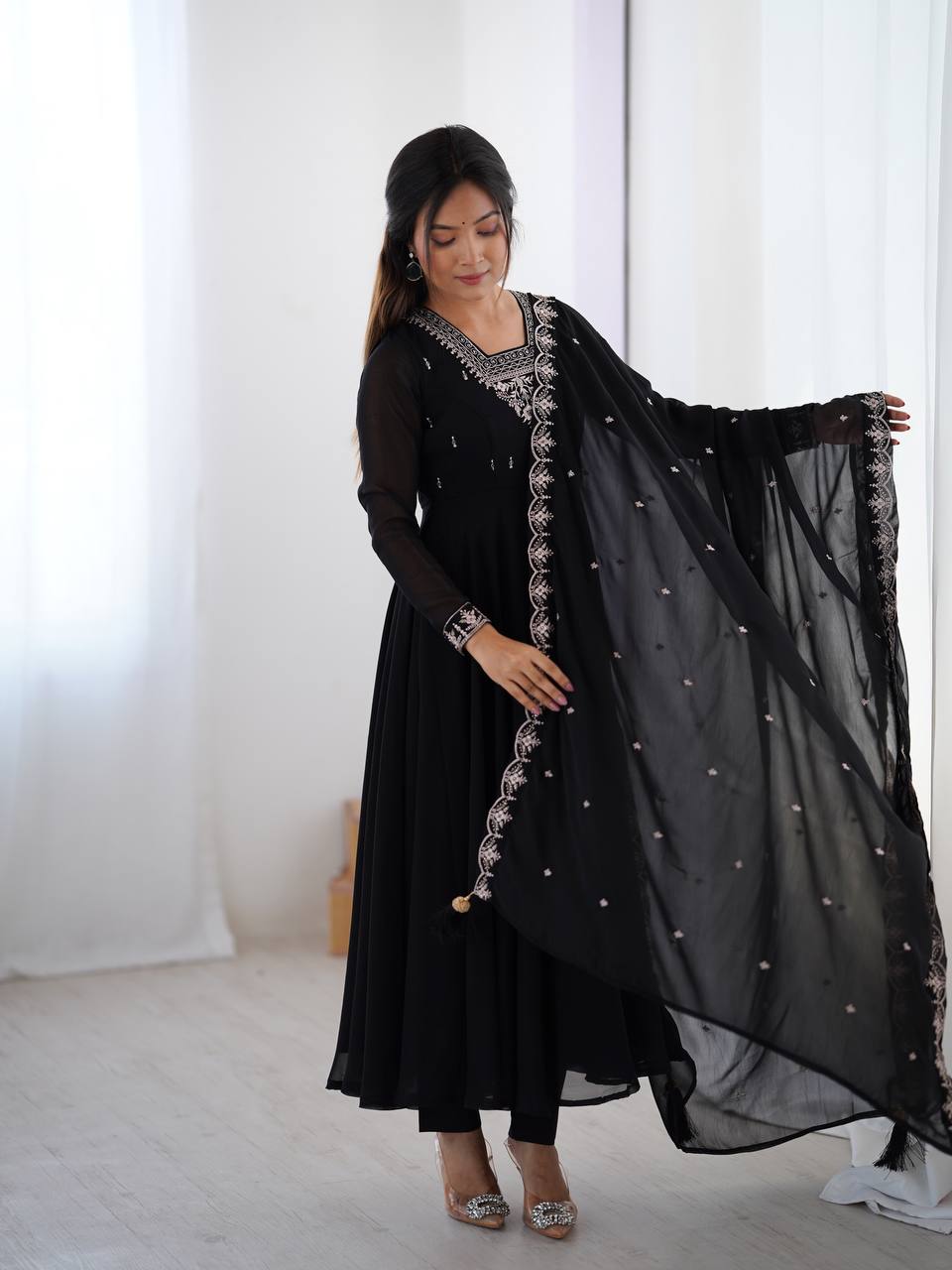 Black Embroidered Georgette Anarkali Set